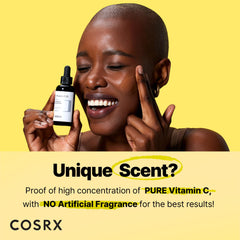 COSRX Pure Vitamin C 23% Serum label close-up with key ingredients benefiting radiance