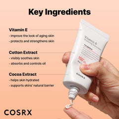 COSRX Vitamin E Sunscreen texture swatch reveals lightweight, non-greasy finish