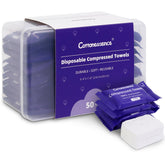 Toallas compresoras Cottonessence en empaque frontal, ideal para viajes y camping.