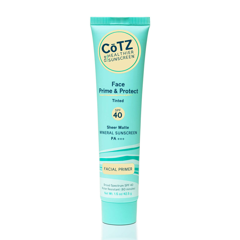 CoTZ Face Prime & Protect tinted mineral sunscreen tube closeup shows weightless matte finish