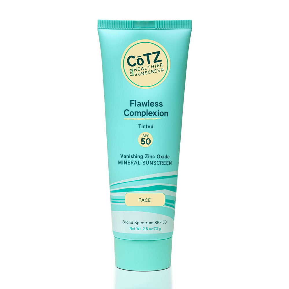 CoTZ Flawless Complexion SPF50 bottle shows mineral protection for daily wear.
