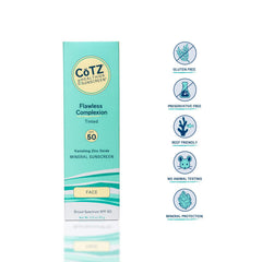 CoTZ mineral sunscreen SPF50 tinted cream swatch demonstrates sheer coverage for an even tone.