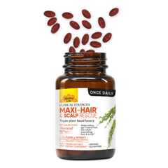 Country Life Maxi-Hair capsules in a glass bottle ready for daily scalp care.