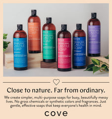 Cove Castile Soap Unscented ingredients highlight argan, jojoba, and hemp oils.