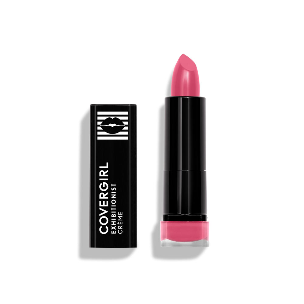 COVERGIRL Exhibitionist Cream Lipstick Rose Paradise en boca, color intenso y duradero.