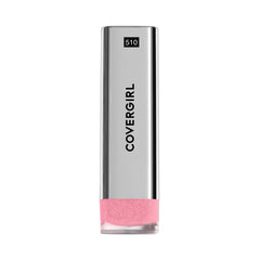 CoverGirl Exhibitionist Lipstick Metallic Ready Or Not 525 lips close-up reveals long-lasting metallic glow.
