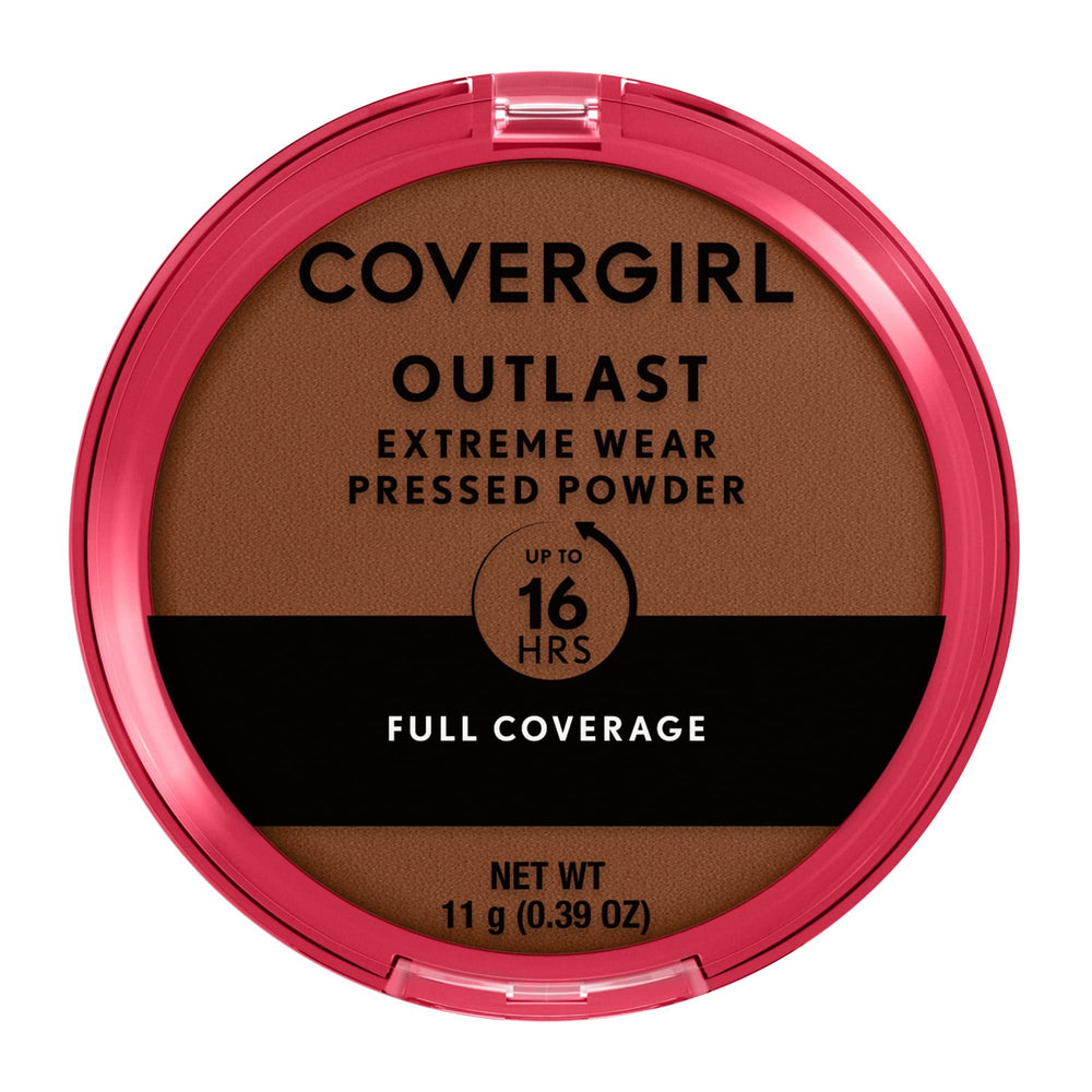Covergirl Outlast Extreme Wear pressed powder compact open shows Cappuccino shade for long-lasting finish.