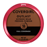 Covergirl Outlast Extreme Wear pressed powder compact open shows Cappuccino shade for long-lasting finish.