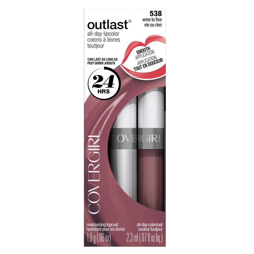 CoverGirl Outlast Lipcolor Wine to Five 538 tube delivers long-lasting color with smooth wear.