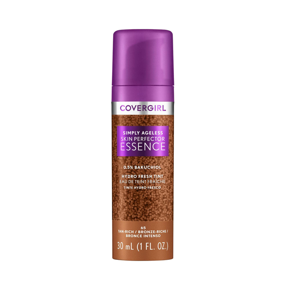 CoverGirl Simply Ageless bottle closeup highlights hydrating foundation texture for dewy skin
