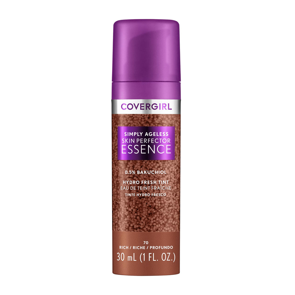 Covergirl Simply Ageless bottle close-up highlights a hydrating gel texture.