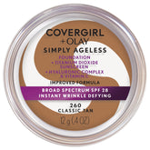 CoverGirl Simply Ageless foundation bottle 260 Classic Tan promises a smoother, sun-protected complexion.