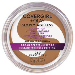 CoverGirl Simply Ageless foundation bottle 260 Classic Tan promises a smoother, sun-protected complexion.