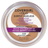 CoverGirl Simply Ageless foundation bottle closeup highlights flawless coverage and SPF protection.