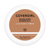 CoverGirl TruBlend loose mineral powder Tan jar shows ultra-fine formula for smooth, long-lasting makeup.