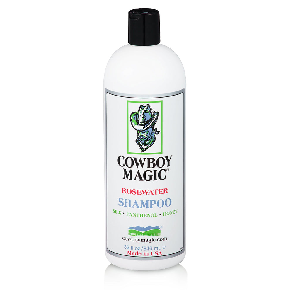 Cowboy Magic Shampoo bottle pour highlighting fast rinse action and deep conditioning.