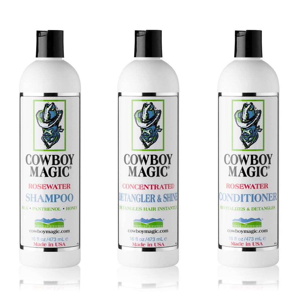 Cowboy Magic shampoo bottle highlights silk and honey for shiny coats.