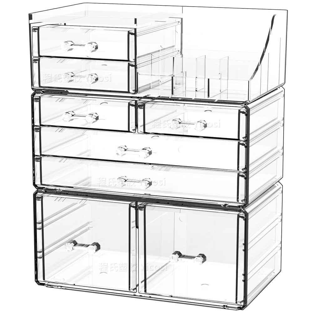 Cq acrylic 3-pack clear makeup organizer top view shows stackable drawers for vanity storage
