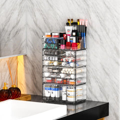 Cq acrylic clear drawer closeup emphasizes transparent sections for quick makeup retrieval