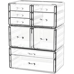 Cq acrylic clear 9-drawer setup for cosmetics on a vanity.
