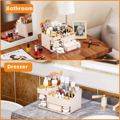 Cq Acrylic pink makeup organizer drawer-front view shows easy access to cosmetics and tools.