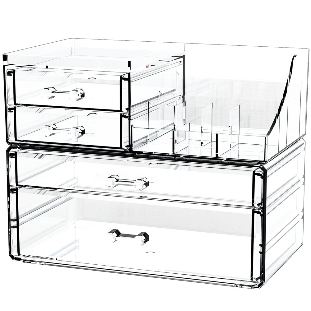 Cq acrylic small makeup organizer with four drawers, perfect for compact vanity storage and easy access.