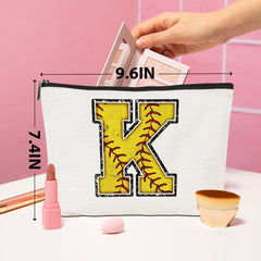 CQM Softball Gifts Initial Makeup Bag, yellow K side pocket detail for organization.