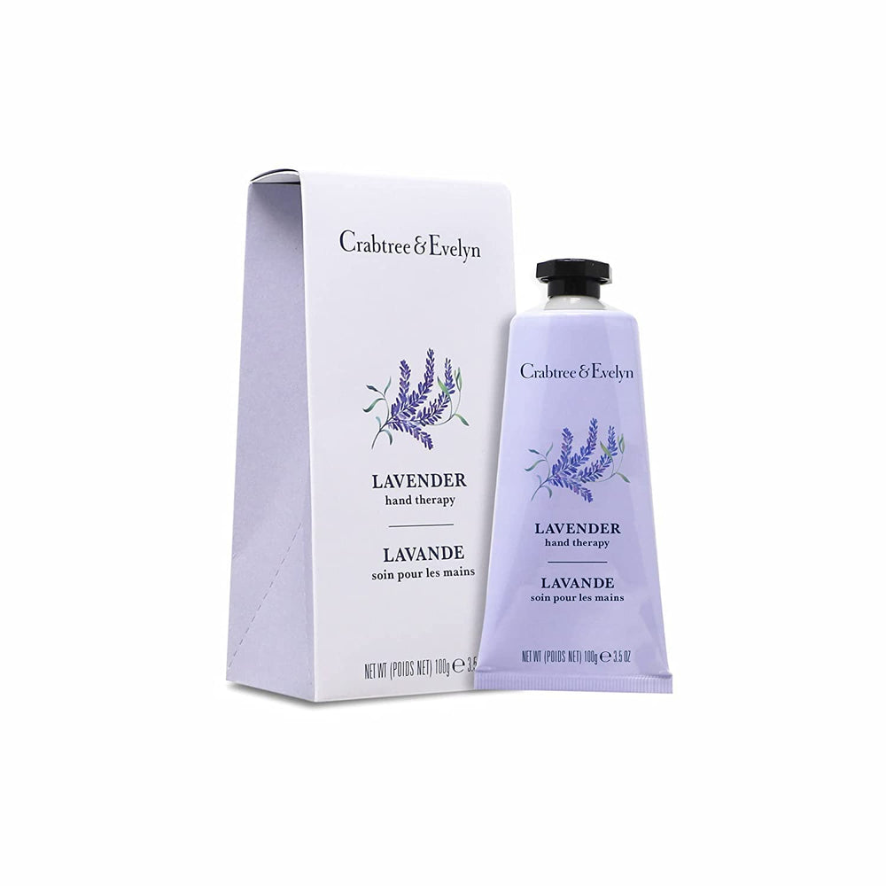 Crabtree & Evelyn Hand Therapy Lavender jar closeup highlighting rich moisture for dry hands.