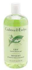 Crabtree & Evelyn Lily bottle pour shows a nourishing cleanse with botanical oils for soft skin.