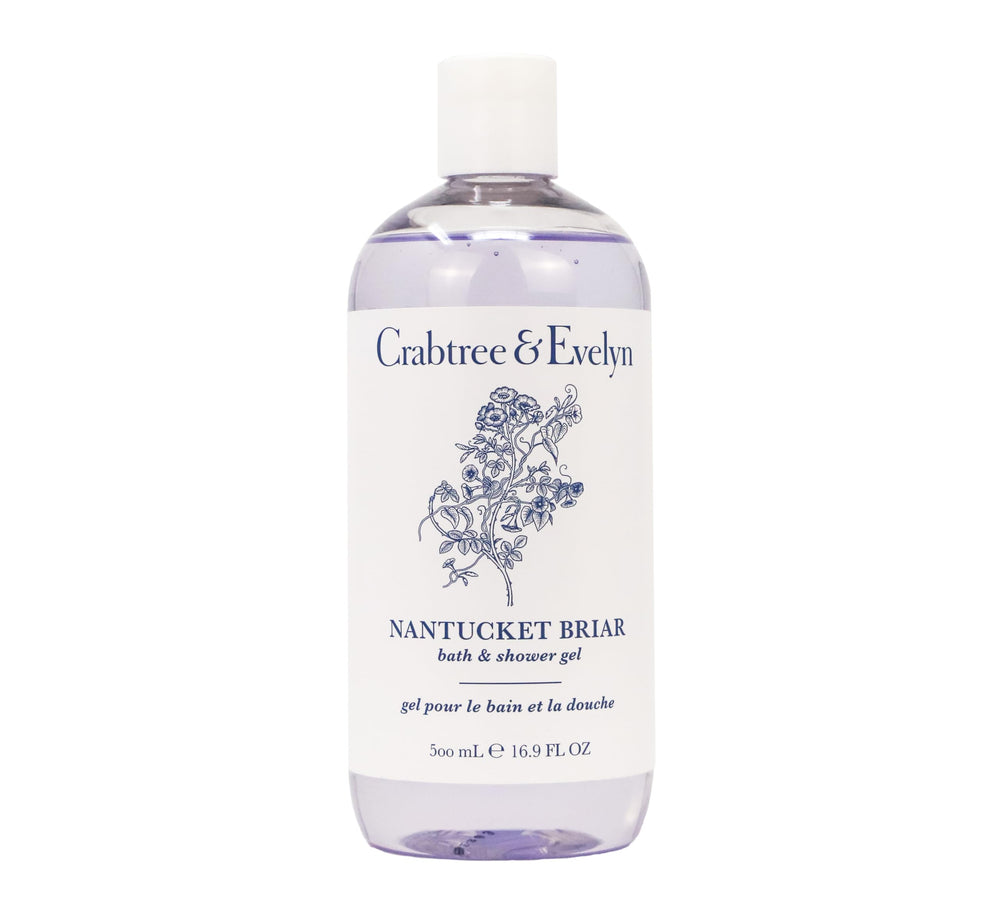 Crabtree & Evelyn Nantucket Briar bath gel bottle pouring, ideal for a refreshing shower ritual