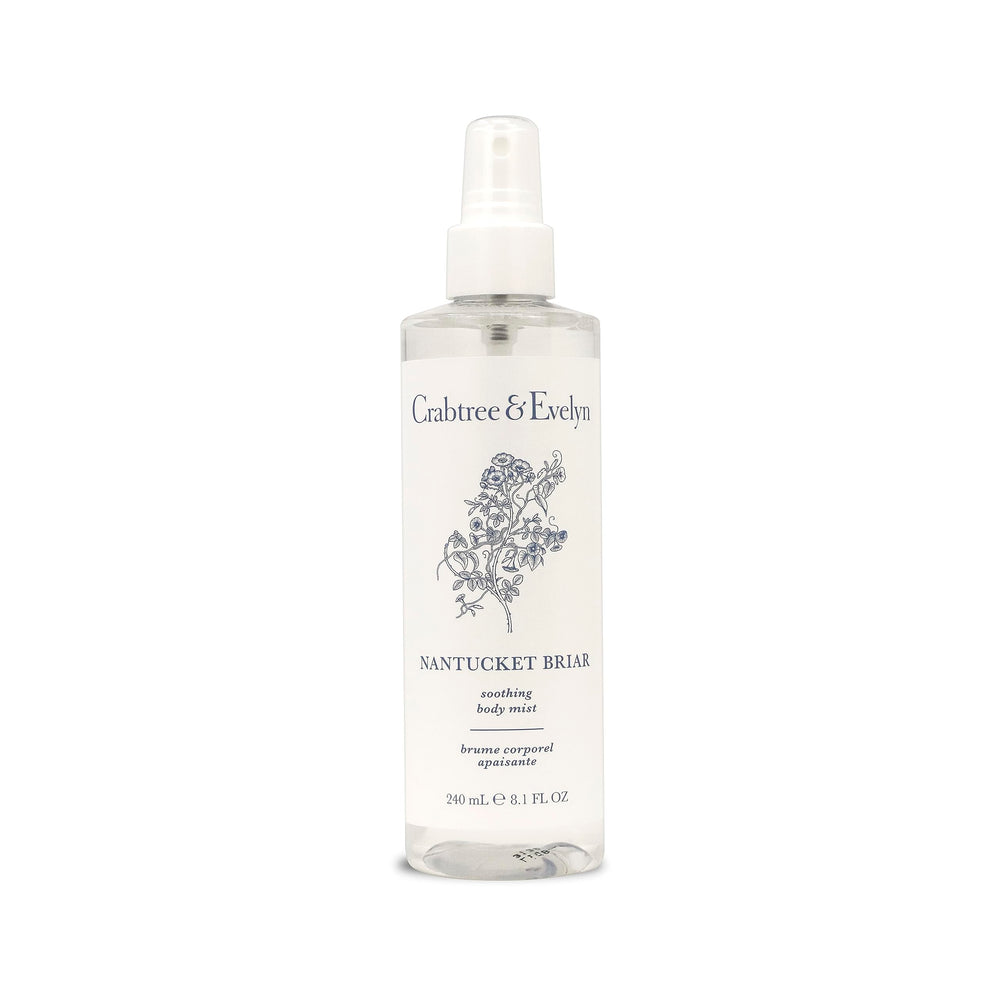 Crabtree and Evelyn Nantucket Briar body mist bottle on a vanity for everyday refreshment.