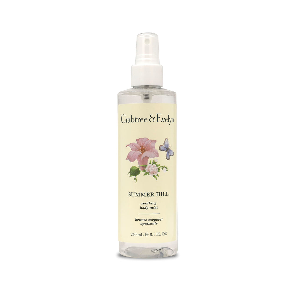 Crabtree & Evelyn Summer Hill Body Mist spray bottle for lightweight hydration and floral fragrance.