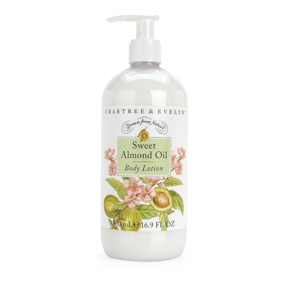 Crabtree & Evelyn Sweet Almond Oil body lotion bottle for daily hydration with a silky finish.