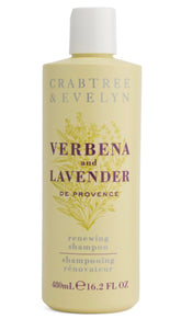 Crabtree & Evelyn Verbena & Lavender Renewing Shampoo bottle showcases vibrant design for healthy scalp support.