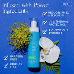 Crack Hair Fix Mist anti-frizz closeup emphasizes frizz-control benefits.