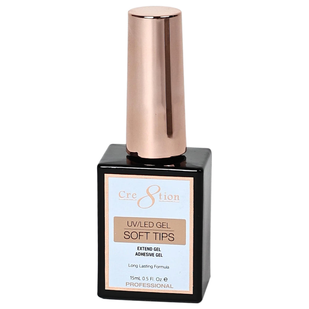 Cre8tion Extend Gel bottle close-up shows strong adhesive bonding for durable soft gel tip extensions.