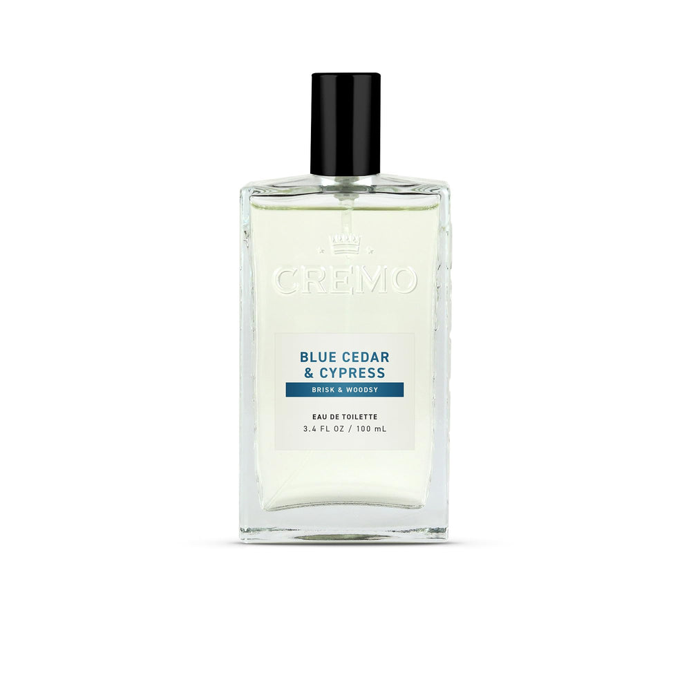 Cremo Blue Cedar & Cypress bottle-front view showing woodsy fragrance for daily wear