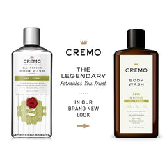 Cremo Mandarin-Dry-Herbs-White-Cedar-note detail evokes evolving fragrance layers during showers.