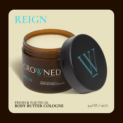 Crowned Skin Reign butter jar closeup highlighting rich shea and mango hydration.