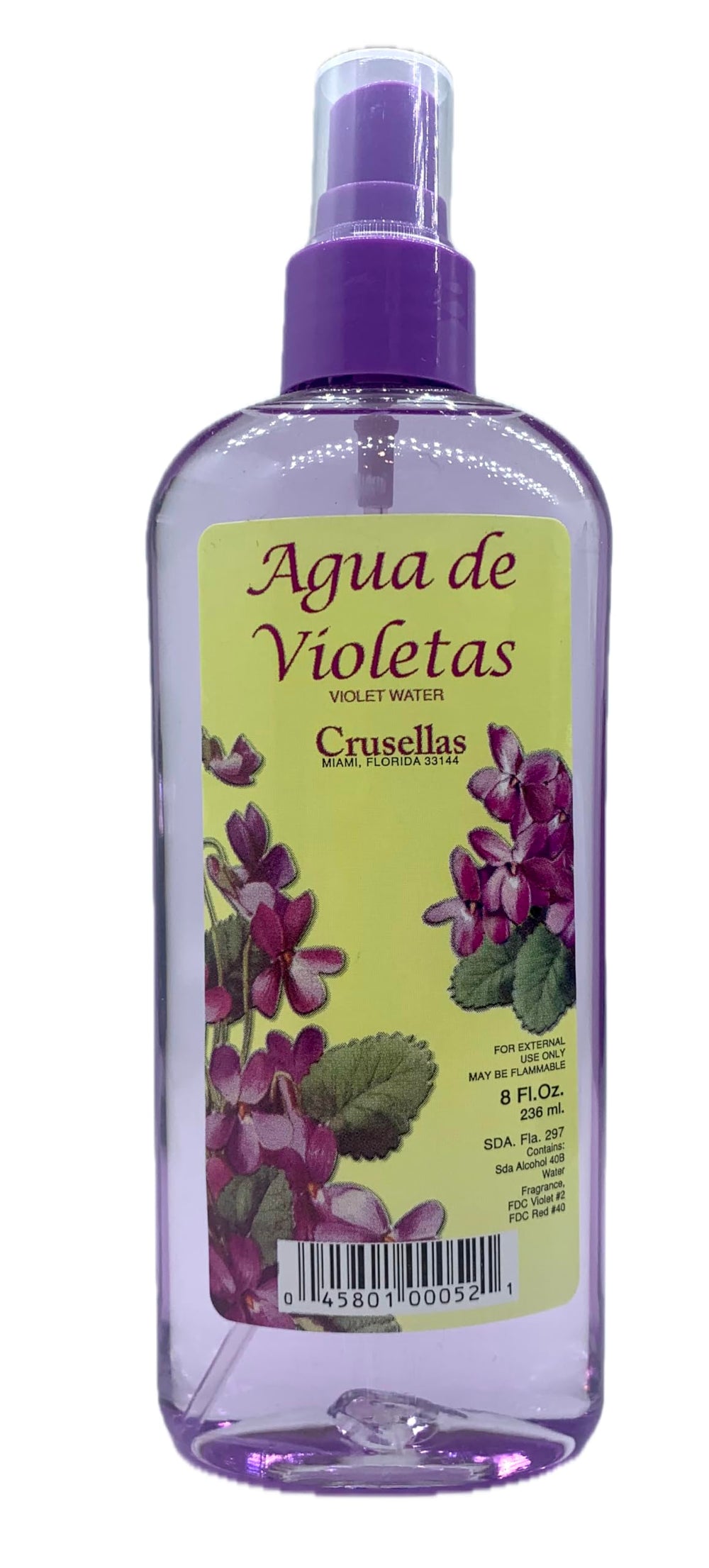 Crusellas Agua de Violetas pump spray bottle on display, ideal for daily fragrance and altar rituals.