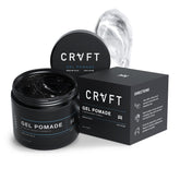 Hair Craft Co. CRVFT gel pomade bottle front for on-the-go styling with lasting hold.
