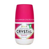 Crystal Essence 3-in-1 deodorant unscented bottle closeup shows clean, aluminum-free protection.