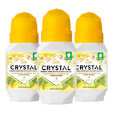 Crystal Essence crystal mineral deodorant roll-on packaging shows a three-pack with long-lasting freshness.