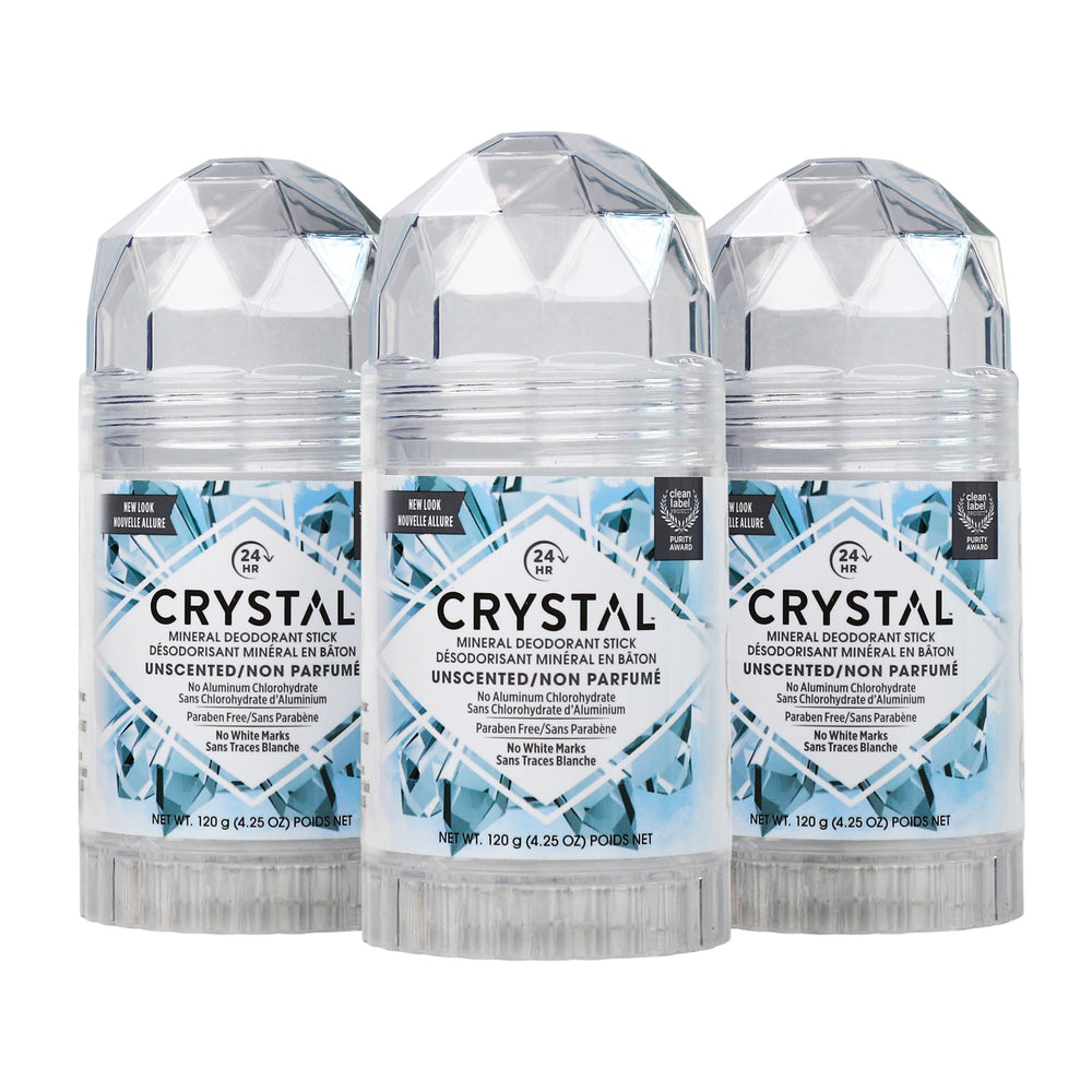 Crystal Essence crystal mineral deodorant stick unscented 3-pack for daily odor control.