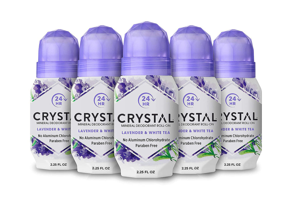 Crystal Essence deodorant roll-on lavender-white-tea bottle for calm daily freshness
