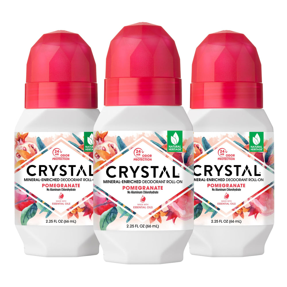 Crystal Essence mineral deodorant pomegranate pack front shows three-pack for extended odor protection