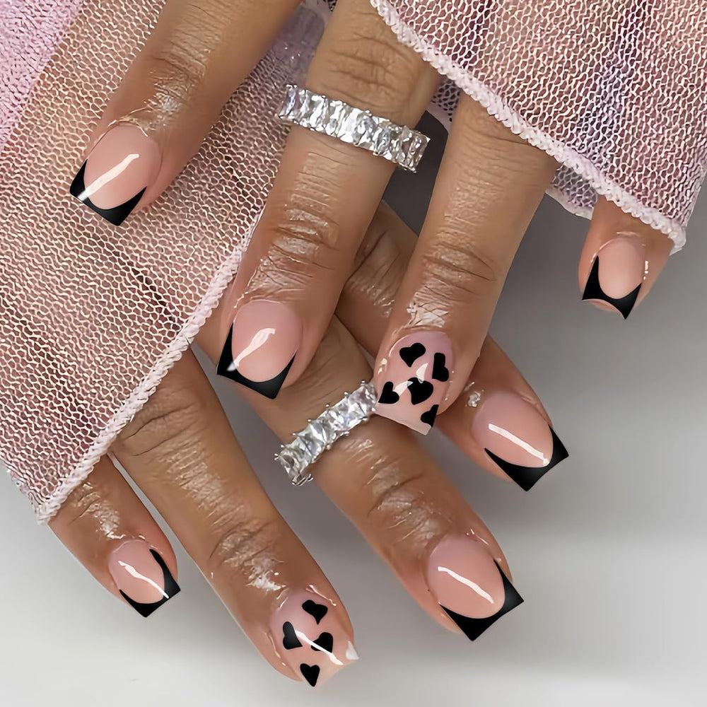 CTTHNBD short press-on nails square with black French tip and heart design for chic occasions
