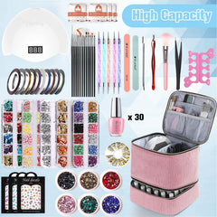 CTWWFS Corduroy Nail Polish Organizer pink lid open showing lamp and tool compartments.