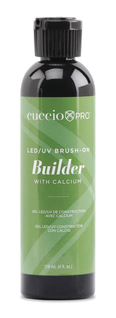 Cuccio Pro Brush-On Builder Gel calcium bottle highlighting calcium-strengthening formula for stronger nails.