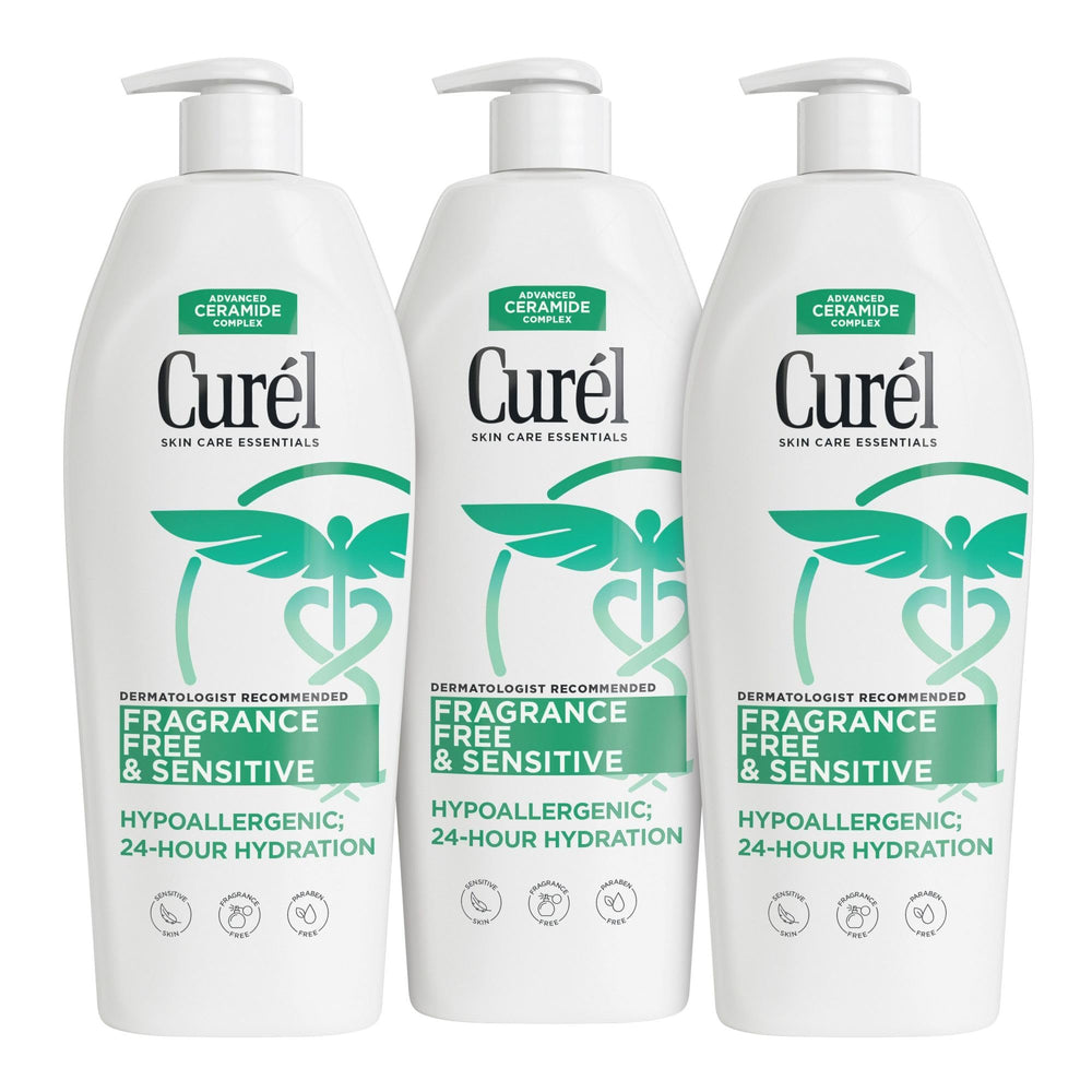 Curel fragrance free lotion pack-of-3 bottles delivering all-day hydration for dry, sensitive skin.